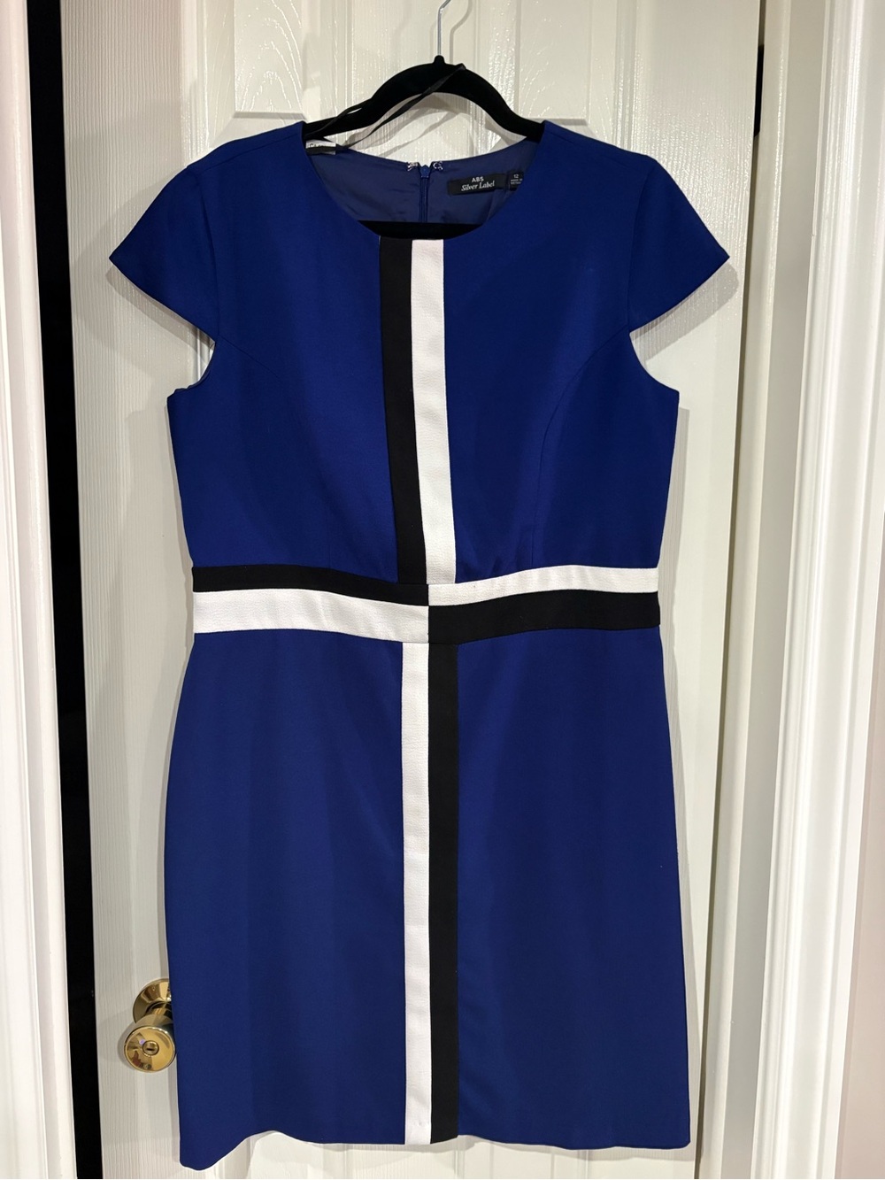 ABS Silver LabeCobalt Blue Cap-Sleeve Dress with Black & White Cross Detail